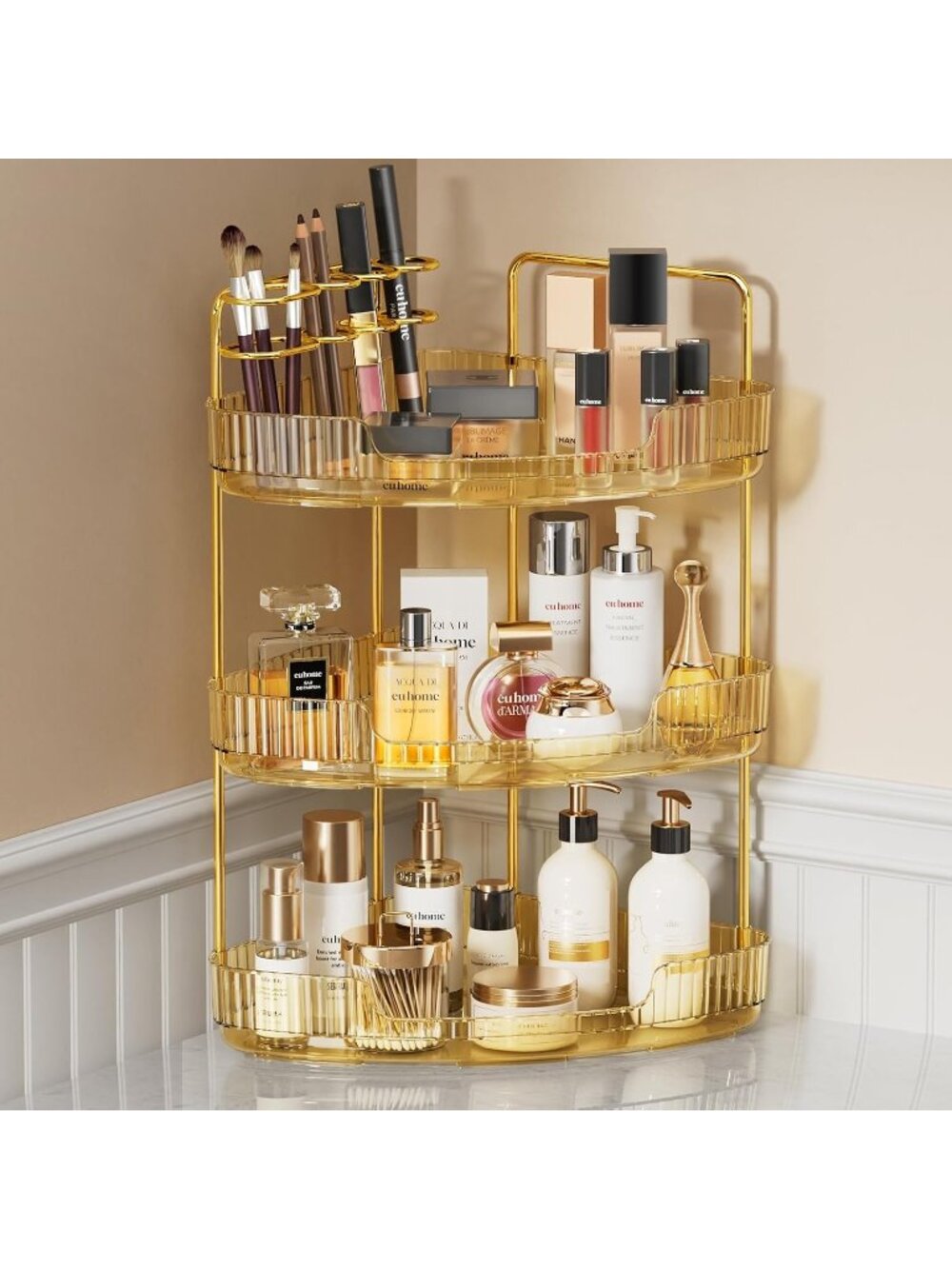 New 3-Tier Corner Organizer, Acrylic Vanity Shelf for Makeup & Storage, (Gold)